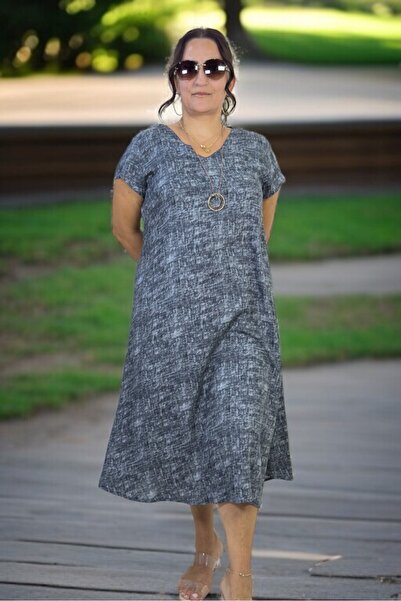 yagmurberen Short Sleeve V-Neck Comfortable Fit Cotton Viscose A-Line Plus Size Dress