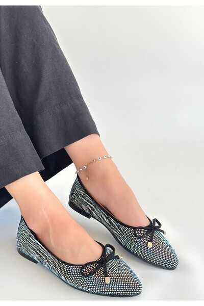 pabucmarketi Black Satin Embroidered Women's Ballerinas