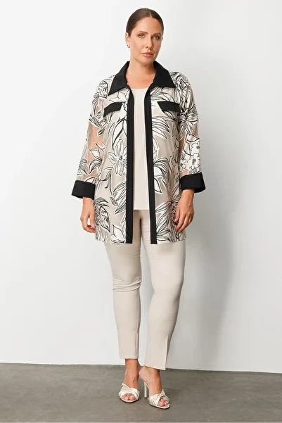 Moda İlgi Women's Plus Size Floral Organza Long Sleeve Double Set 0264 Black