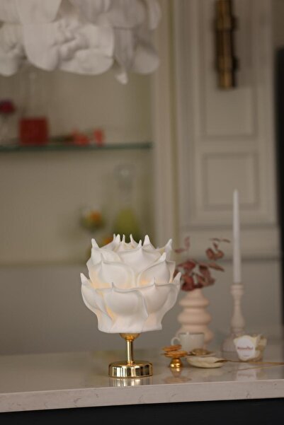 Maison Avf Beyaz Eva Gül Tasarım Şarjlı Masa Lambası - Alt Parlak Gold