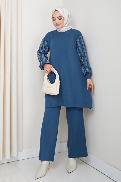 FERHEL Sleeve Glitter Stripe Detailed Steel Knitted Comfortable Fit Women's Tunic and Trouser Knitwear Set