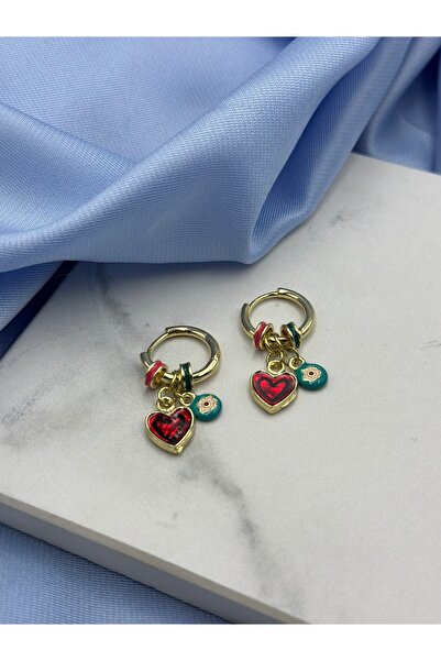 Duera Gold Renkli Kalp ve Nazar Boncuğu Figürlü Halka Küpe