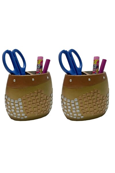Bosphorus 2 Pcs Pen Holder Golden Mosaic Polyresin Office Supplies 10X10X5Cm
