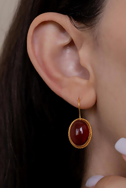 Bayar Gold 14 Ayar Altın Akik Taşlı El İşi Küpe