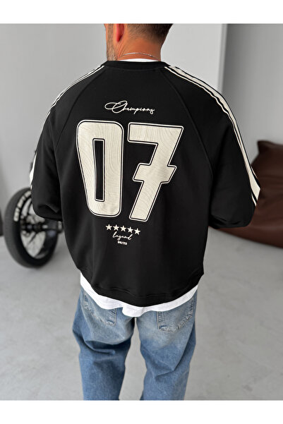 BYBASICMAN Siyah Champions Baskılı Parçalı Sweatshirt JJ-110
