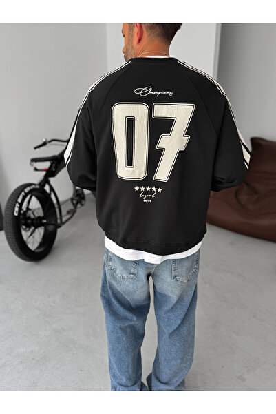 BYBASICMAN Siyah Champions Baskılı Parçalı Sweatshirt JJ-110