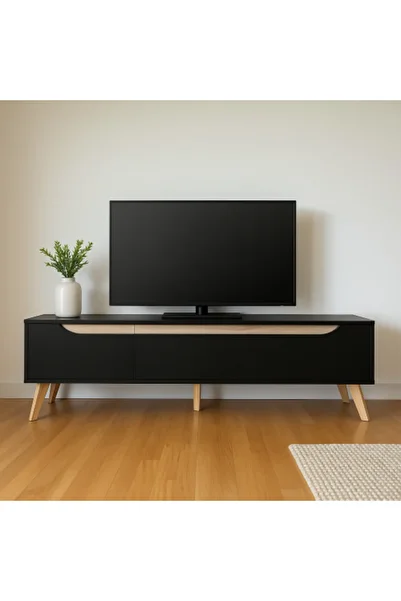 BAITY TV Table 160 cm with 3 Storage Drawers - Black with Wooden Stripe