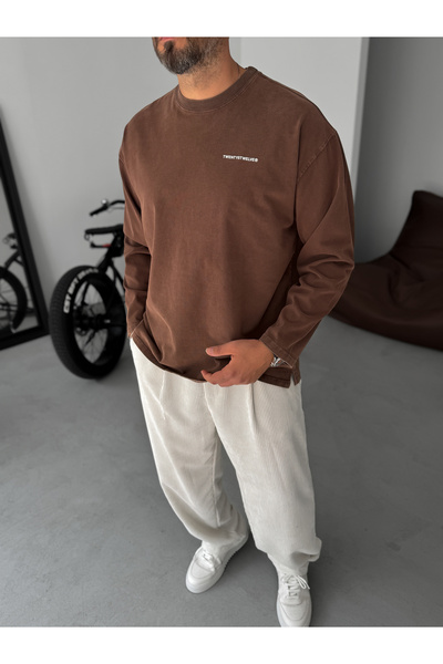 BYBASICMAN Kahve Yıkamalı Kabartmalı Sweatshirt TW-7023