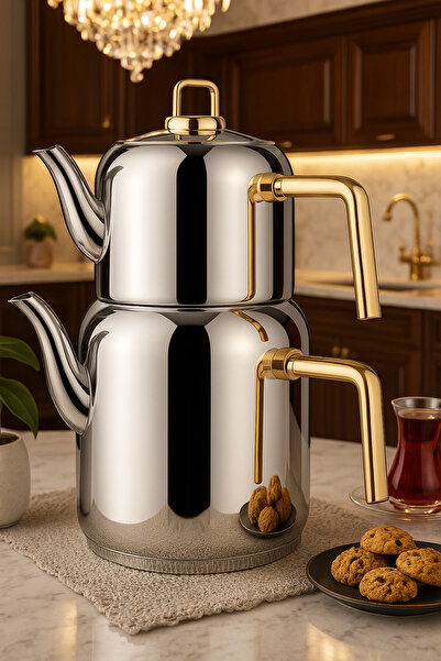 Davet Paslanmaz Çelik Leyla Çaydanlık Takımı - Orta Boy Demlik:0,8 Lt Çaydanl...