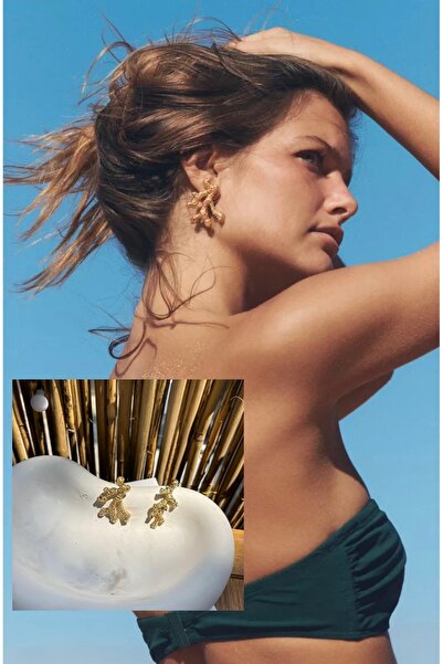 Yaseminli Butik Gold Color Metal Coral Shaped Earrings