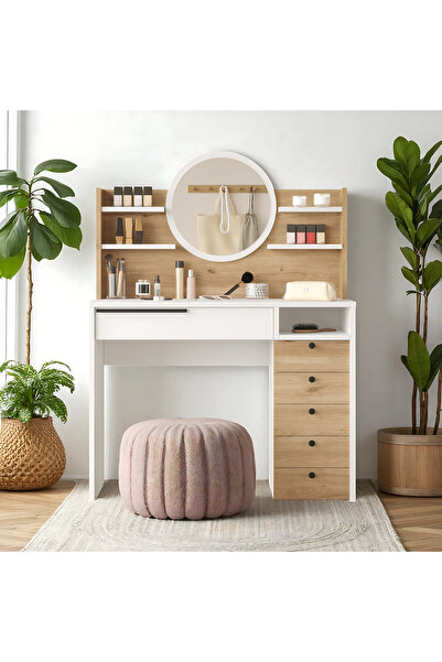 Robin Home Makyaj Masası Aynalı Çekmeceli Şifonyer Raf Sepet-Beyaz