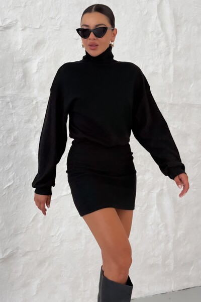 MODAGEN Women's Black High Neck Elastic Waist Interlock Mini Dress