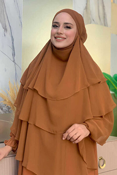 Bym Fashion Peçeli 3 Katlı Şifon Sufle Şal 6012 Taba