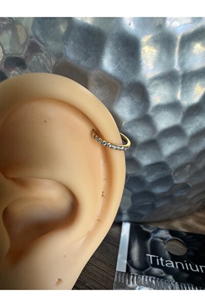 Bylin %100 G23 Titanyum Altın Zirkon Taşlı Kilitli Halka Kıkırdak Piercing - Halka Çapı 8 mm- 1 adet