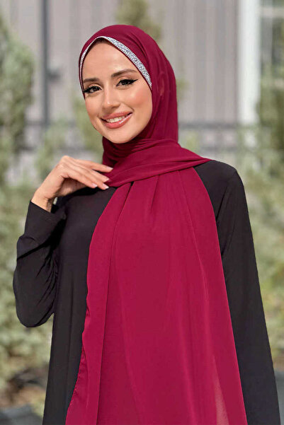 Bym Fashion Stone Detailed Chiffon Shawl 2026 Burgundy