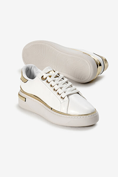 Tonny Black Women's White Thick Poly Sole Gold Detailed Lace-Up Sports Shoes