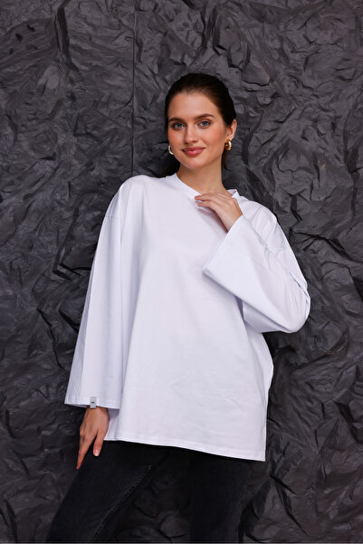 Moda Palmiss Γυναικεία Λευκή Supreme Fabric Oversize Μακριά Βασική Μπλούζα