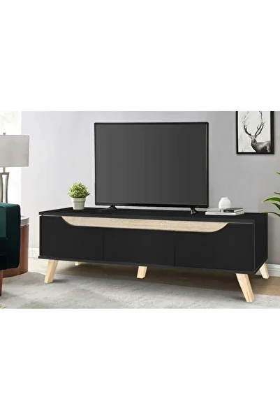 BAITY TV Table 160 cm with 3 Storage Drawers - Black with Wooden Stripe
