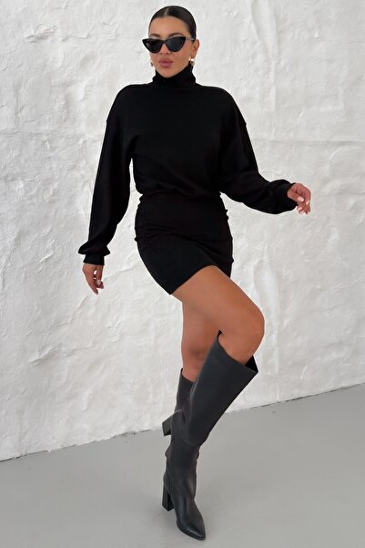 MODAGEN Women's Black High Neck Elastic Waist Interlock Mini Dress