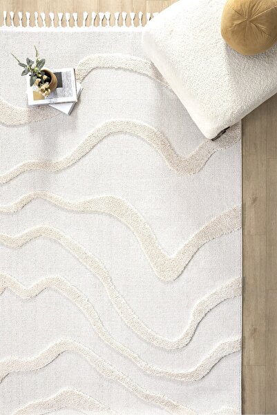 Eliz Home Krem Modern Dokuma Halı Püsküllü Yolluk Antre Oturma Odası Salon Mu...
