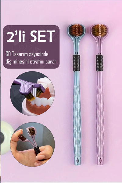 Fesya Home مجموعة من فرشاة أسنان ذات رأسين ناعم بثلاثة أسطح - أرجواني وأخضر، ...