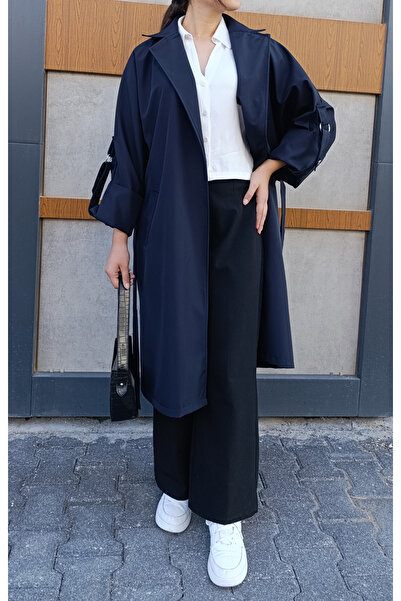 siyalife Широкий крій, круазе-комір, ремінь на рукавах, деталізований сезонний темно-синій тренч