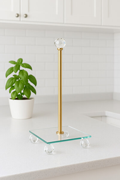 MİS KİTCHEN Gold Color Paper Towel Holder with Crystal Stand and Glass Base - Square Model for Kitchen and Tableware Decoration