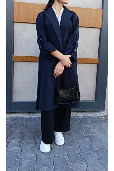 siyalife Широкий крій, круазе-комір, ремінь на рукавах, деталізований сезонний темно-синій тренч