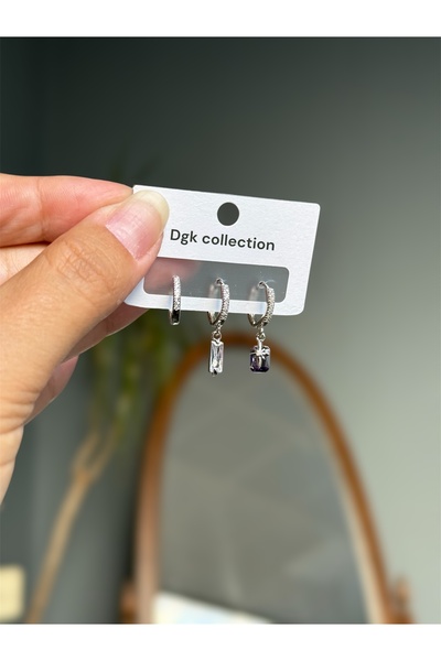 DGK COLLECTİON Gümüş renk Premium seri,3’lü ametist ve kristal taşlı trend küpe seti