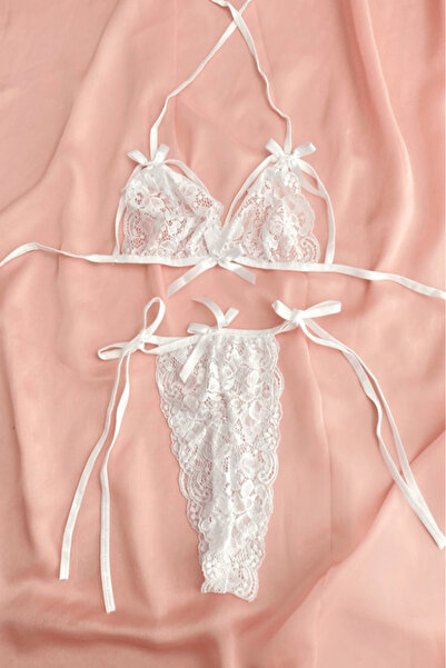 Gece İncisi Σετ σουτιέν με δαντέλα και λευκές κορδέλες