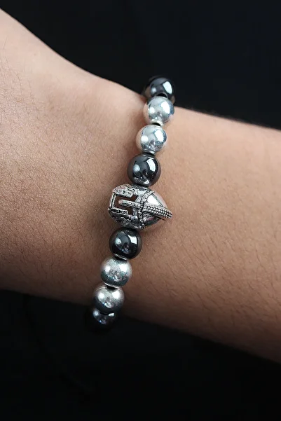 BESKAR Natural Stone Gladiator Model Silver and Smoked Color Men's Bracelet with Elevator