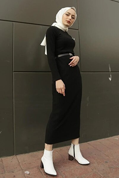 Madame Lestrange Kadın Siyah Balıkçı Yaka Fitilli Şık Elbise(Kemer Dahil Deği...