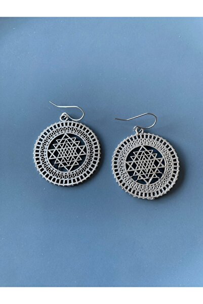 dela otantik Silver Color Large Dangle Earrings with Sri Yantra Pattern - Spiritual Bohemian Authentic Bijouterie Jewelry