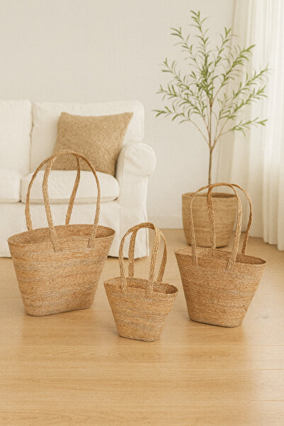 Çavdar Group 3'lü Hasır Plaj Çantası 3 Adet El Örgüsü El Çantası Dekoratif Çanta