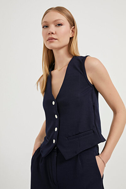 Arma Life Women's Crop Vest Basic Pants Navy Blue Two-Piece Set