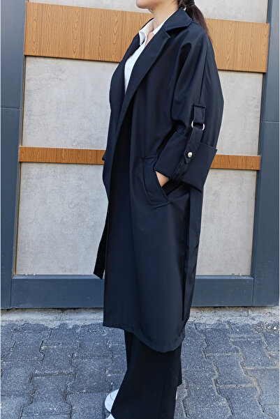 siyalife Geniş Kalıp Kruvaze Yaka Kemerli Kol Detaylı Mevsimlik Siyah Trençkot