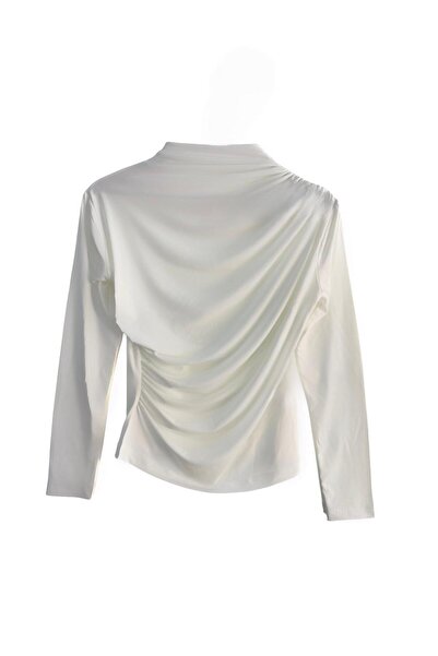 peri tower Kadın Krem Büzgü Detaylı Dik Yaka Sandy Bluz