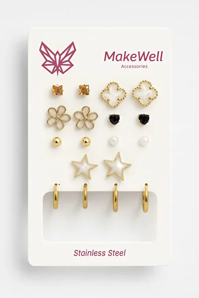 MakeWell 9-Piece Earring Set with Steel Hoop Earrings, Star Clover Flower Cherry Design, and Zircon Solitaire Earrings
