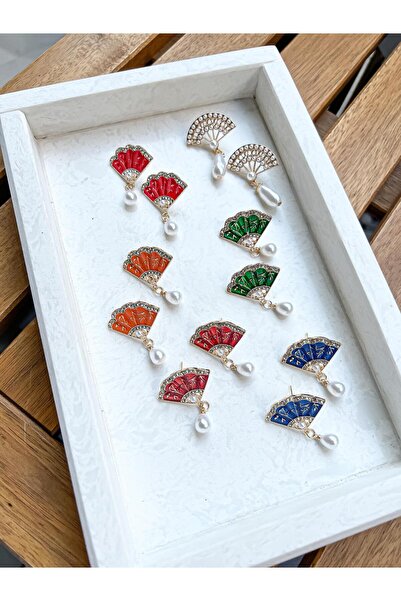 Yaseminli Butik Lacivert Renk Zirkon Taşlı İnci Sallantılı Yelpaze Küpe