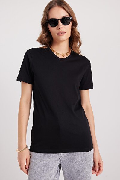 Tudors Women's Slim Fit Slim Fit 100% Cotton Soft Textured Black V-Neck T-Shirt