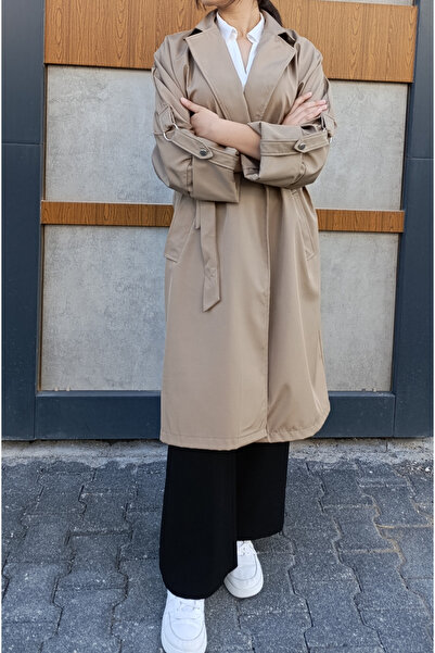 siyalife Geniş Kalıp Kruvaze Yaka Kemerli Kol Detaylı Mevsimlik Trençkot