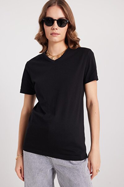 Tudors Women's Slim Fit Slim Fit 100% Cotton Soft Textured Black V-Neck T-Shirt