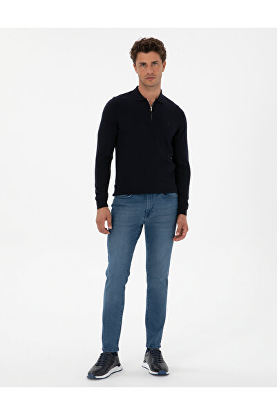 Pierre Cardin Navy Blue Slim Fit Polo Neck Zippered Basic Knitwear Sweater 50315406-Vr033