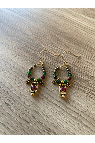 dela otantik Handmade Authentic Beaded Bohemian Hoop Earrings - Golden Burgundy and Green Color Ethnic Design Bijouterie Jewelry