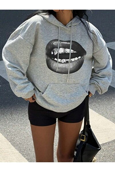 OVER HEAD Hanorac pentru femei Diamond Lip cu imprimeu cu 3 fire