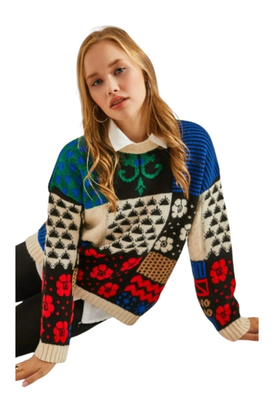 Namaste Vintage Retro Patterned Acrylic Sweater with Bicycle Collar