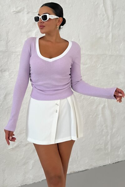 MODAGEN Women's Lilac V-Neck Long Sleeve Interlock Blouse