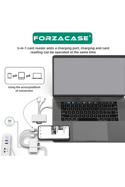 Forzacase 5in1 USB 3.0 Lightning Type-C to SD-TF Kart Okuyuculu USB Kamera Adaptörü - FC1115