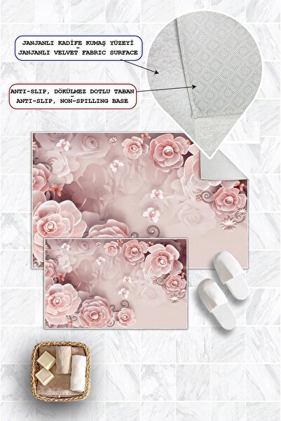 Pelura Halı Digital Printing Pink Rose Pattern Non-Slip Base Set of 2 Bath Mat Toilet Set (50X60Cm-60X100Cm)