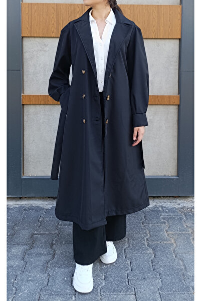 siyalife Düğme Detaylı Kruvaze Yaka Kemerli Mevsimlik Siyah Trençkot